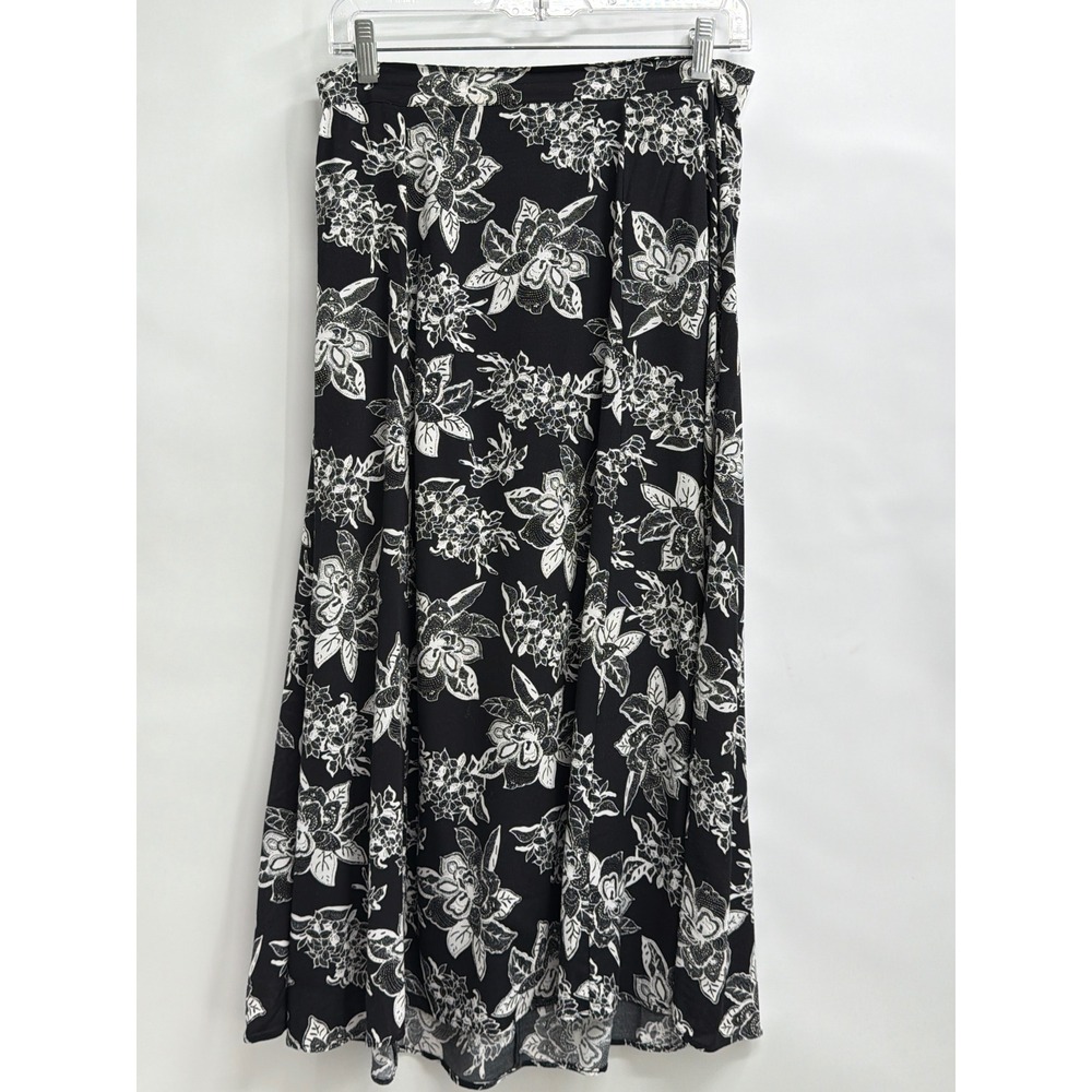 Vtg Casual Corner Vintage Floral Maxi Skirt Black White Rayon Sz 10 A-Line Flowy